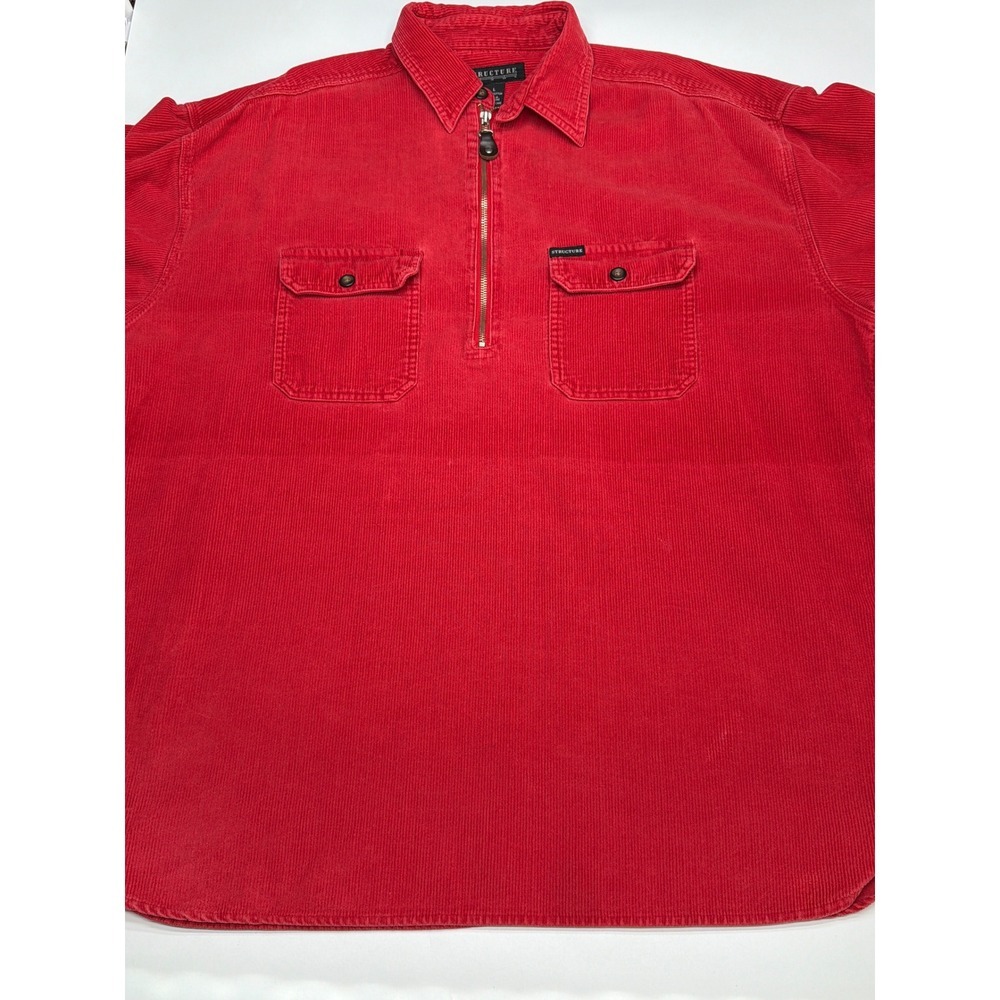 STRUCTURE Red Corduroy Quarter Zip Long Sleeve Shirt Men‎ L